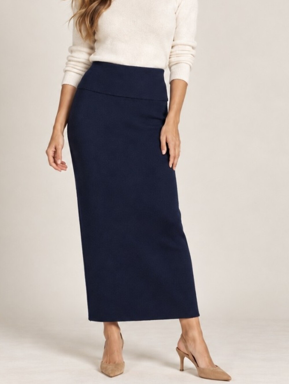 Eileen Fisher Wool Blend Pencil Maxi Skirt Navy Blue Knit Back Slit Pull-On Sz S